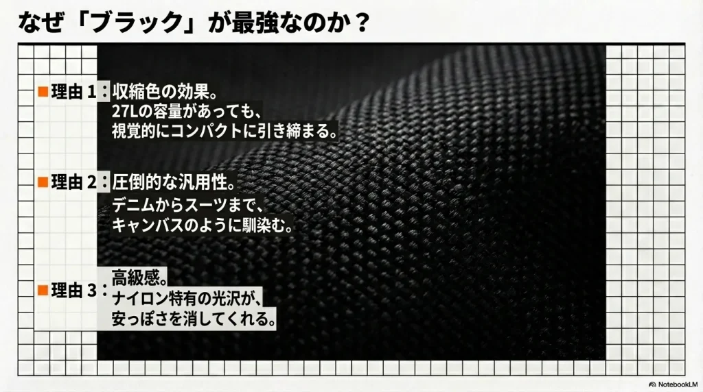 収縮色による引き締め効果、圧倒的な汎用性、ナイロン特有の高級感というブラックが人気の3つの理由
