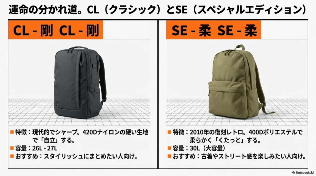 ホットショットのCL（クラシック）とSE（スペシャルエディション）の容量、生地、おすすめの人の違いを比較した表