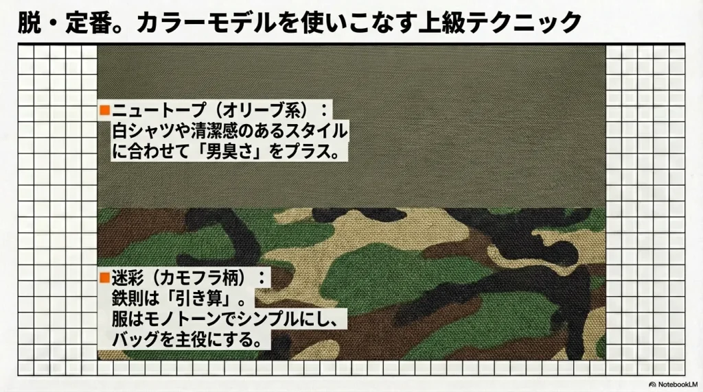 ニュートープや迷彩柄のバッグを主役にし、服をシンプルにまとめる引き算のコーディネート術