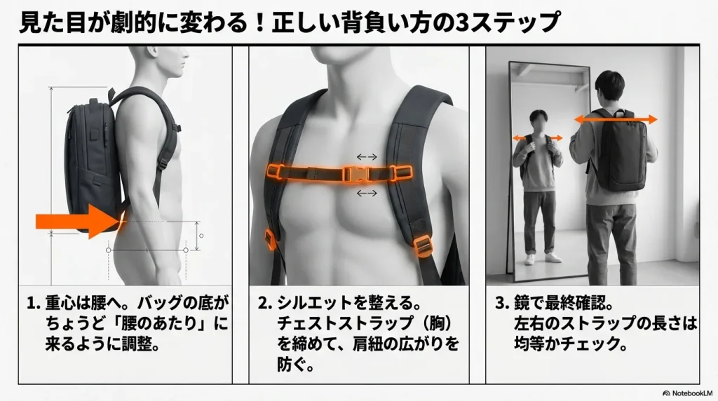 重心を腰に置き、チェストストラップを締めてシルエットを整える正しいバックパックの背負い方