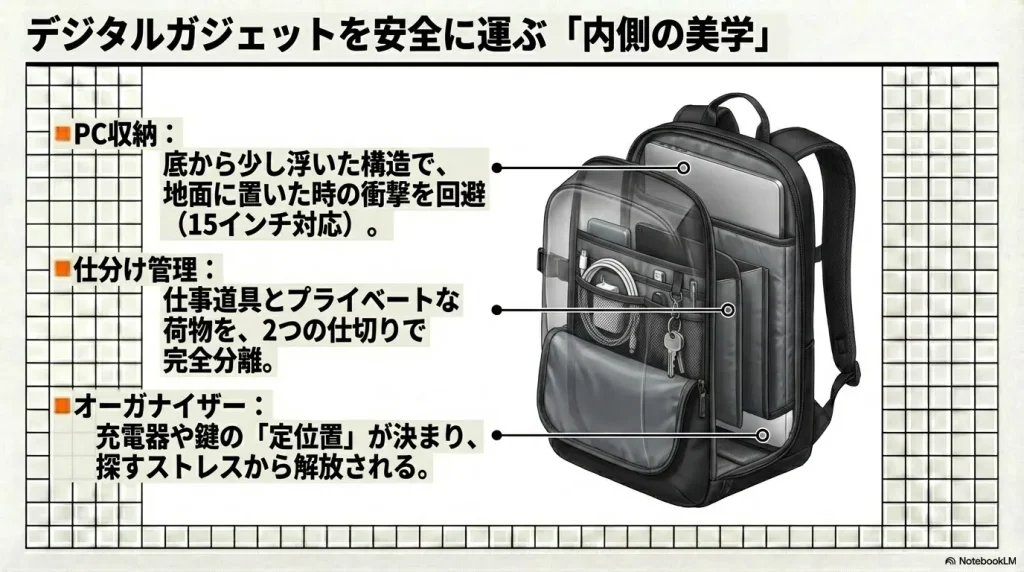 15インチ対応のPC収納、2つの仕切り、オーガナイザーポケットなど、ホットショットの内部構造の解説