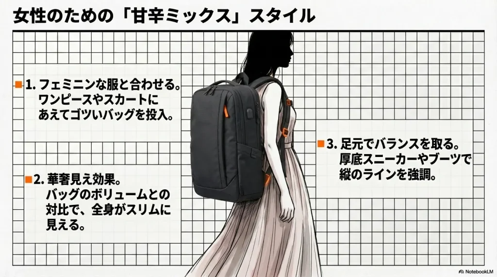 ワンピースなどのフェミニンな服にゴツいバッグを合わせ、華奢見え効果を狙うレディースコーデのコツ