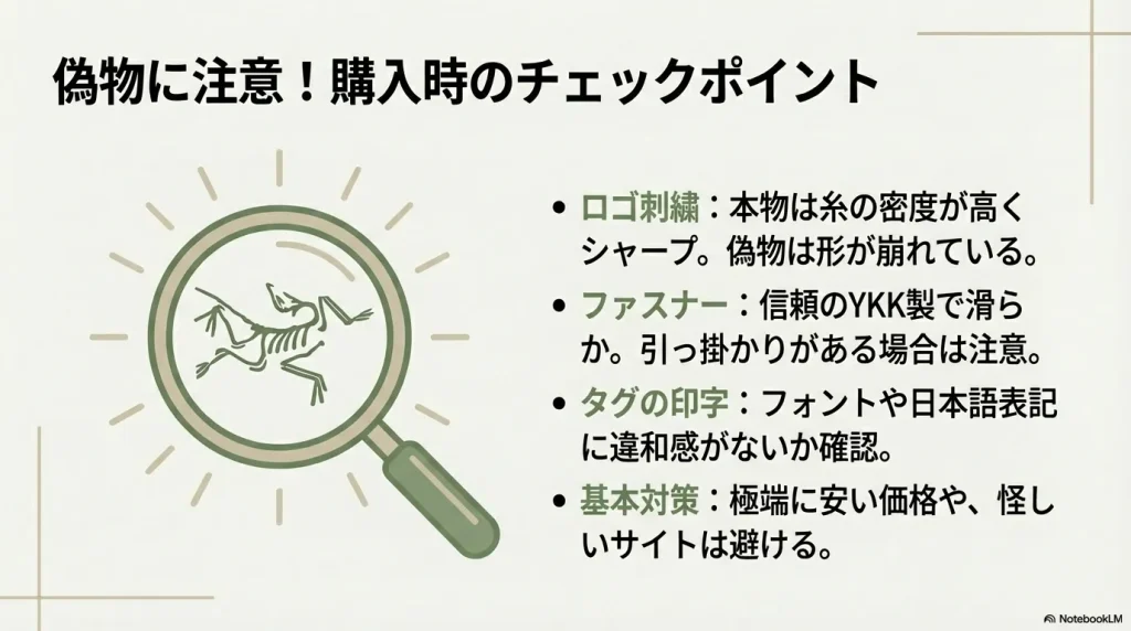 ロゴ刺繍、ファスナー、タグの印字、販売価格など、本物と偽物を見分けるための重要ポイントをルーペのイラストで解説。