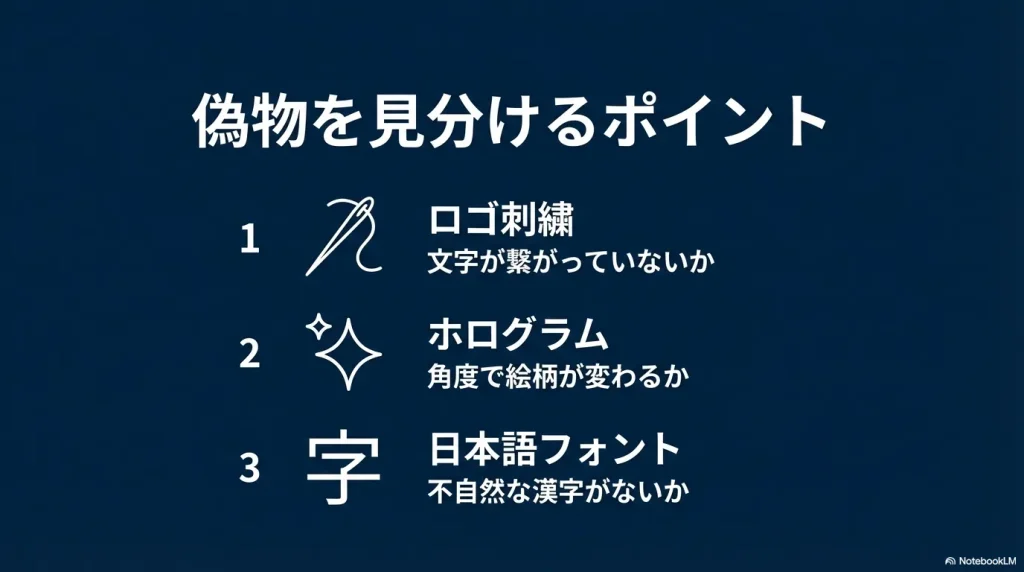 刺繍の文字が繋がっていないか、ホログラムが角度で変わるか、不自然な漢字がないかという真贋判定のポイントをまとめたスライド。