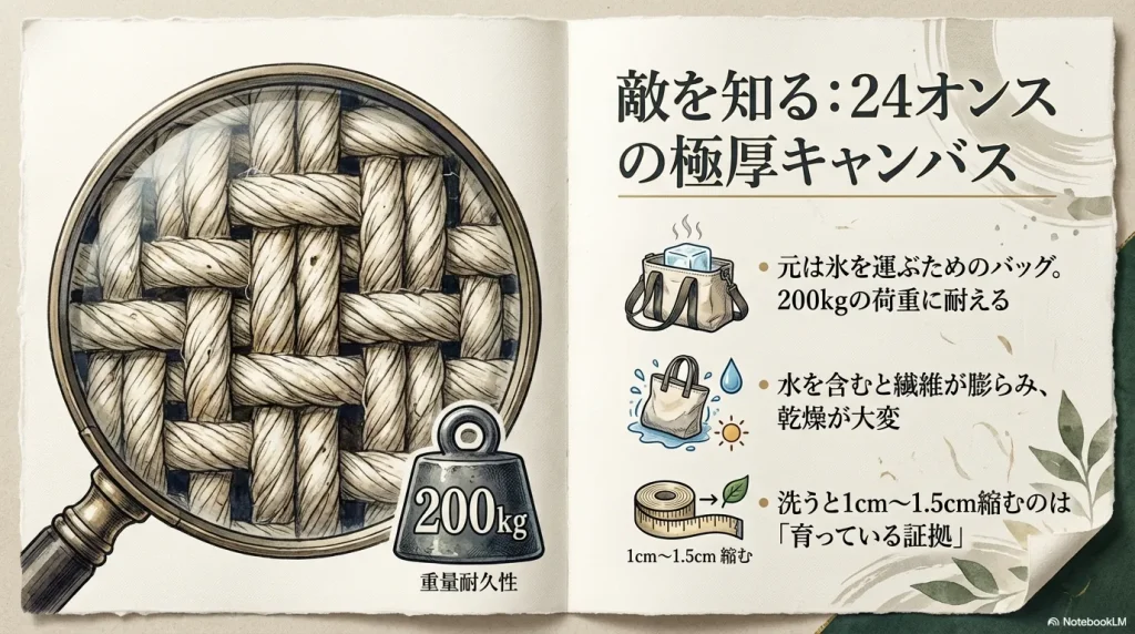 24オンスの極厚キャンバス生地の重厚さと、洗濯による1〜1.5cmの縮みに関する説明図