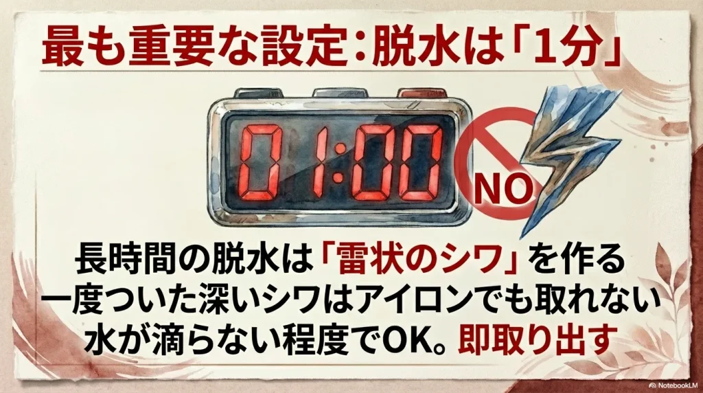 脱水時間を1分に制限し、アイロンでも取れない「雷状のシワ」を防ぐための注意点