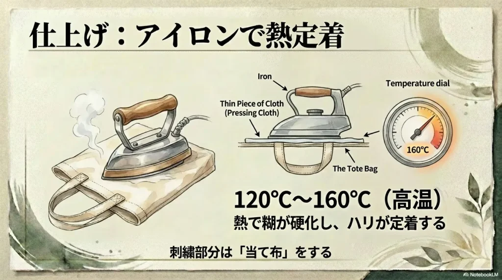 160度の高温アイロンと当て布を使用し、糊を硬化させてハリを定着させる仕上げ手順