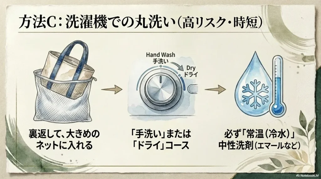 バッグを裏返してネットに入れ、手洗いまたはドライコース、常温の水で洗う設定の解説図