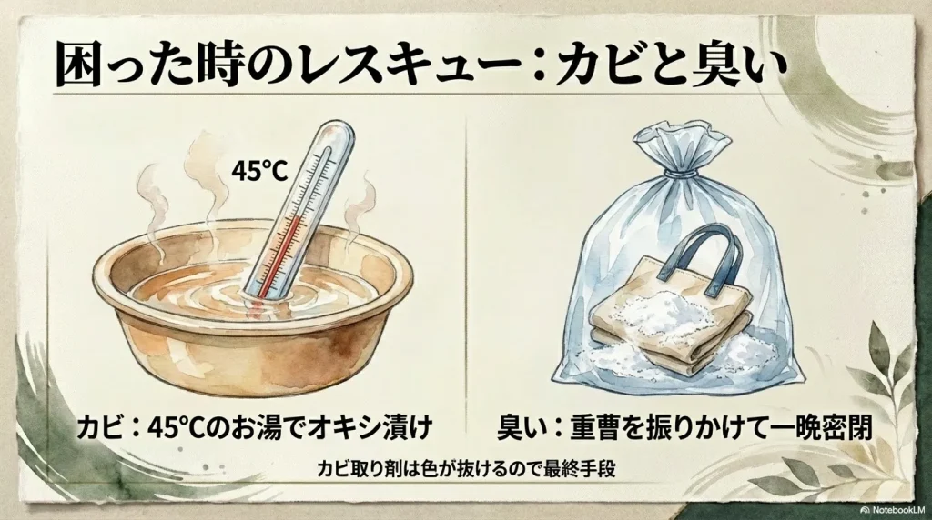 45度のお湯でのオキシ漬けによるカビ対策と、重曹を振りかけ密閉する消臭方法の図解