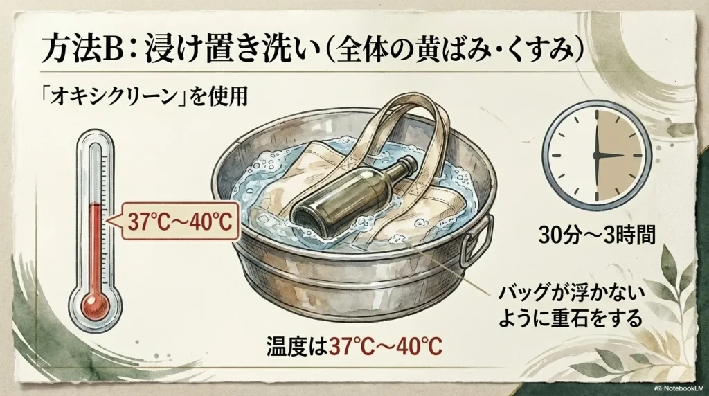 37度から40度のお湯で30分から3時間浸け置きし、バッグが浮かないよう重石をする手順。