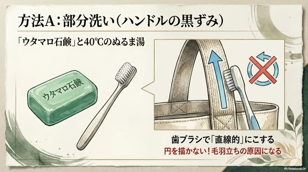 歯ブラシを使い、直線的にこすって汚れを落とす方法のイラスト。円を描くのは毛羽立ちの原因になるためNG。