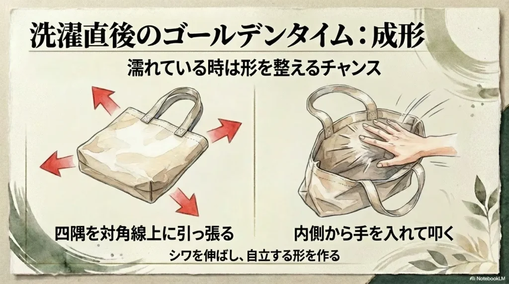 濡れているうちに四隅を引っ張り、内側から叩いてシワを伸ばし自立する形を作る手順