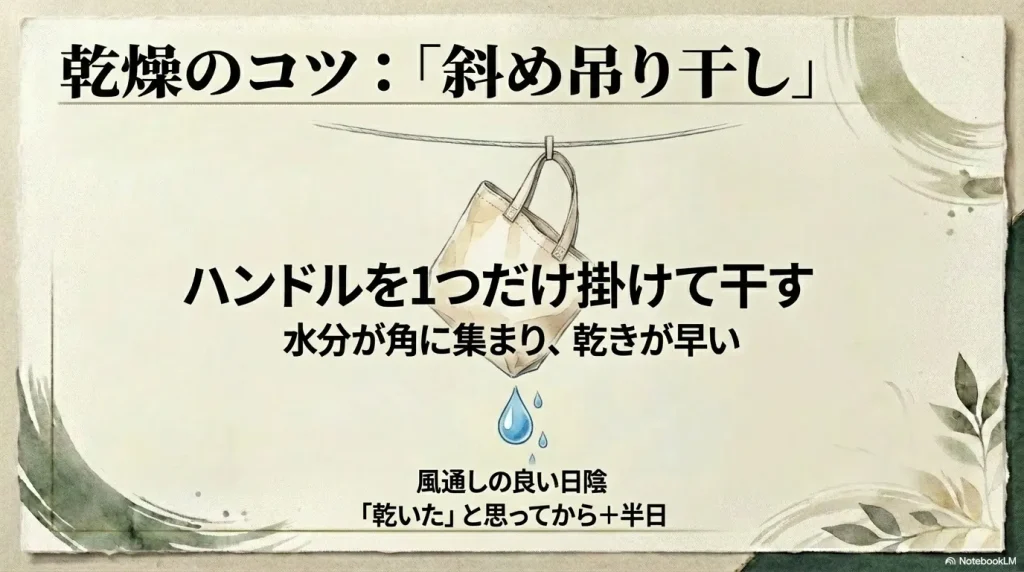 ハンドルを1つだけ掛けて干すことで水分を角に集め、乾燥を早めるテクニック