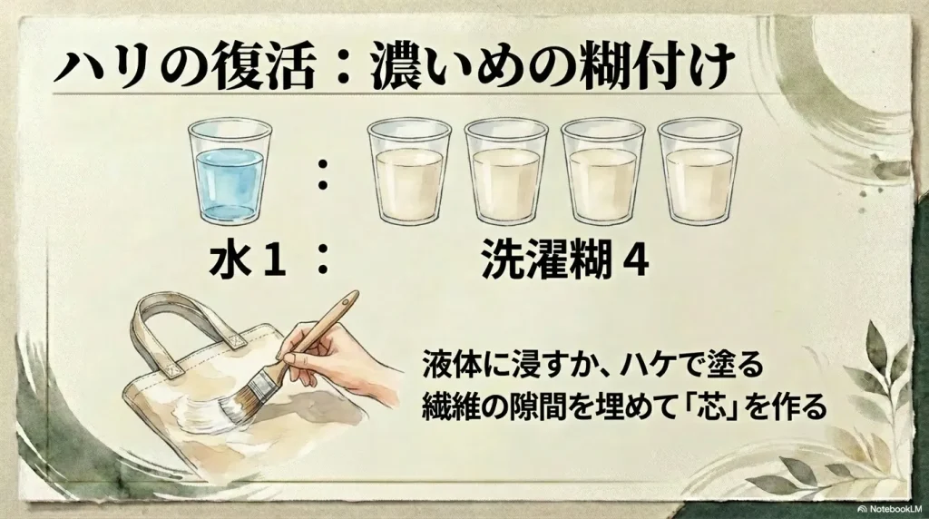 水1に対して洗濯糊4の割合で糊付けし、キャンバス生地に芯を作る方法の図解