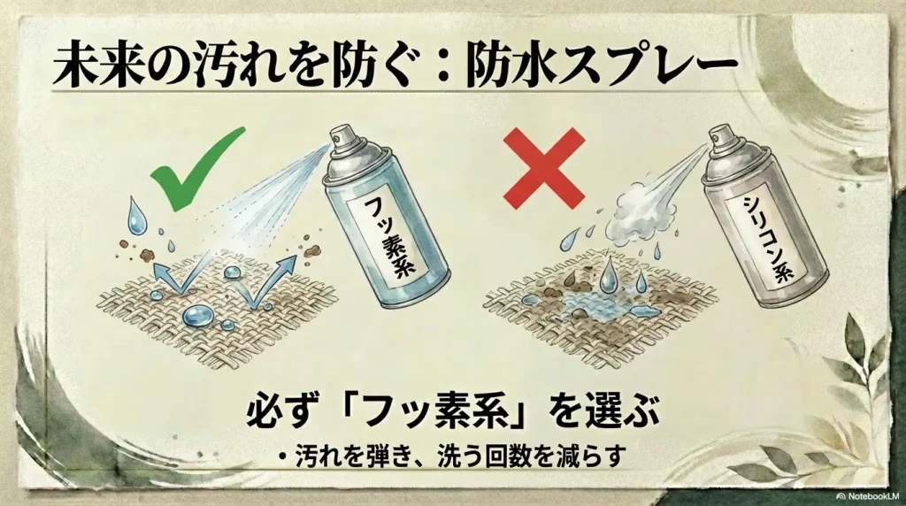フッ素系の防水スプレーを選び、汚れを未然に防ぐことで洗う回数を減らすメンテナンス