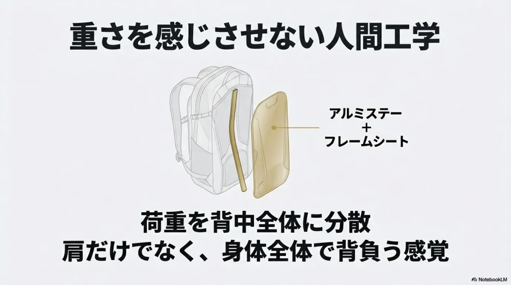 アルミステーとフレームシートが背中のカーブにフィットし、荷重を背中全体に分散する仕組みを解説するバックパック背面のイラスト