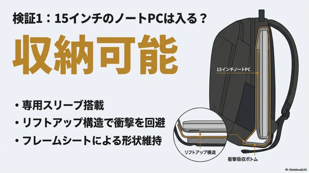 15インチノートPCが収納可能であることや、専用スリーブ、衝撃を回避するリフトアップ構造などの詳細を説明する図解