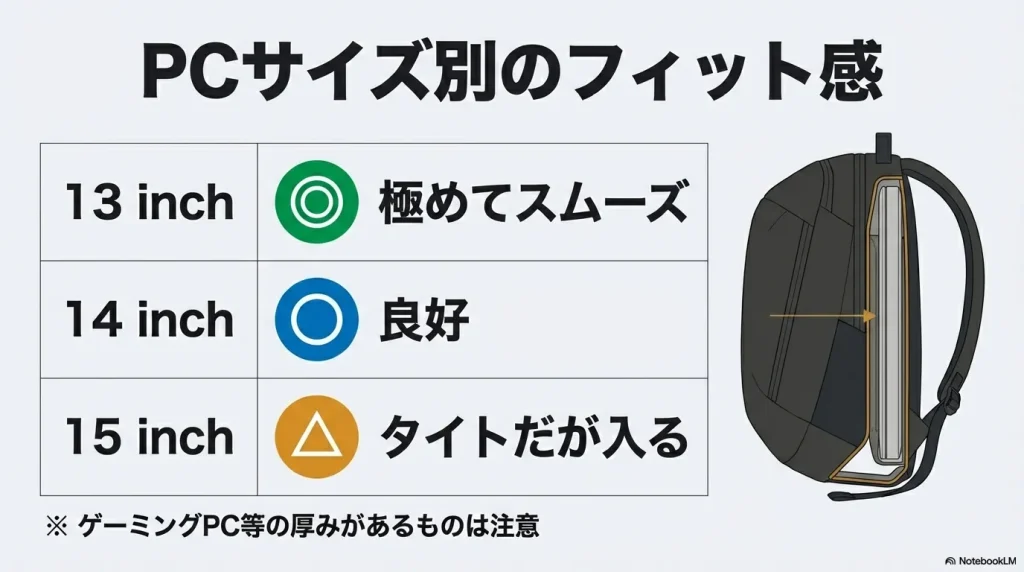 13インチ、14インチ、15インチの各ノートPCを収納した際の出し入れのしやすさやフィット感の違いを示すイラスト
