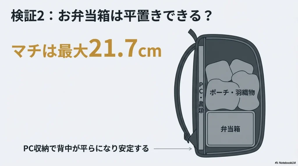 最大21.7cmのマチを活かし、背面にPC、その手前の底部分にお弁当箱を配置して安定させるパッキング手順のイラスト