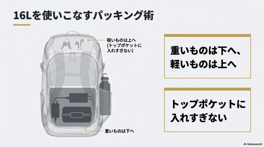 重いものは下へ、軽いものは上へ配置し、トップポケットを入れすぎないようにする理想的な重量配分を示す透視図