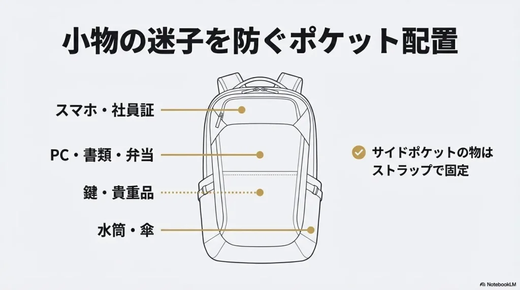 スマホ、鍵、弁当、水筒など、各アイテムに最適な収納場所を指示したマンティス16のポケットレイアウト図