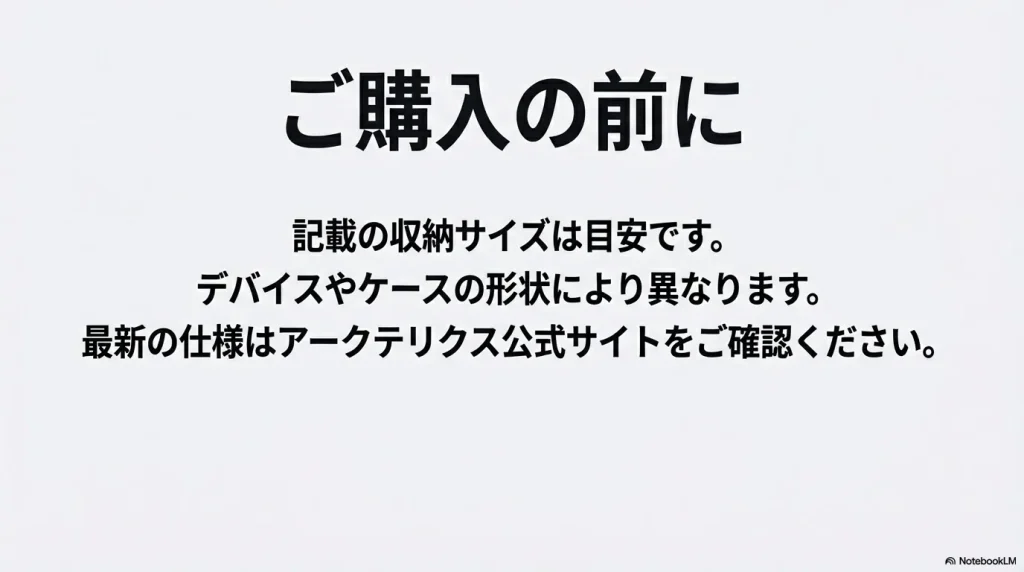 記載の収納サイズは目安であることや、最新の仕様をアークテリクス公式サイトで確認することを促す免責事項のスライド