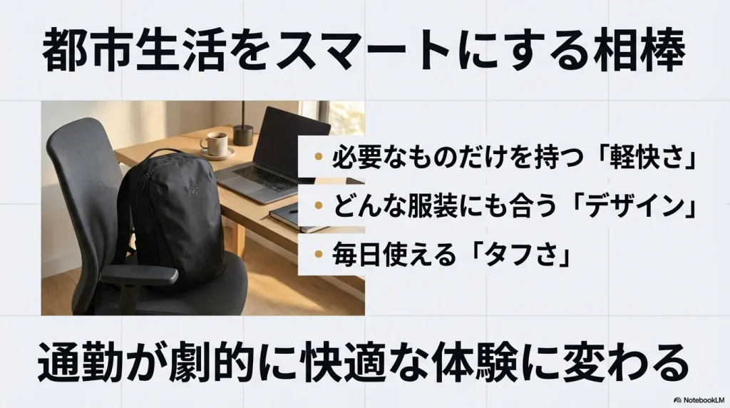 オフィスデスクに置かれたマンティス16と、軽快さ・デザイン・タフさを強調するキャッチコピーを添えたスライド