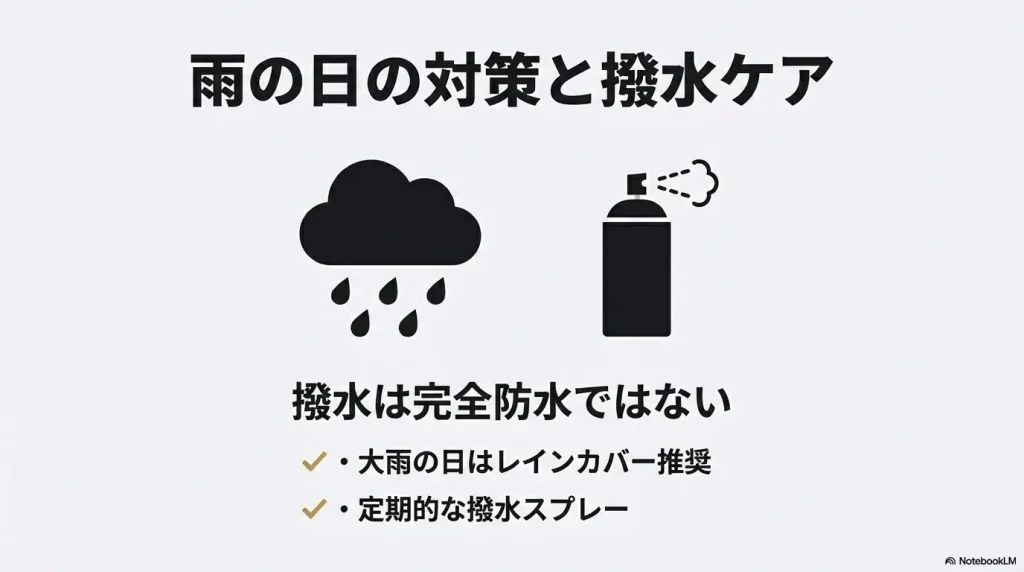 大雨の日のレインカバー推奨と、定期的な撥水スプレーによるメンテナンスの重要性を示すアイコン画像