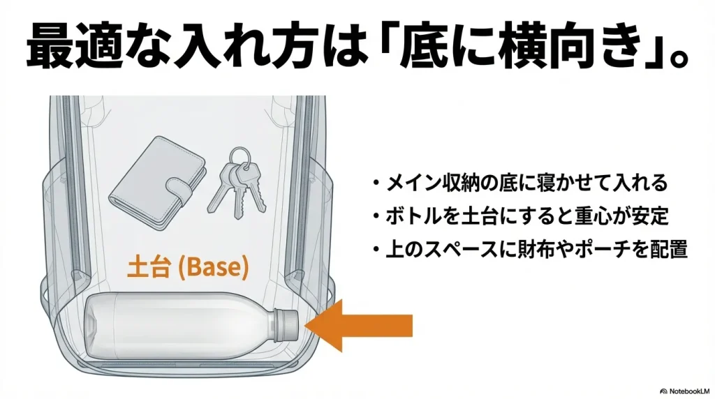 メイン収納の底にボトルを横向きに寝かせ、その上に小物を置くパッキング例