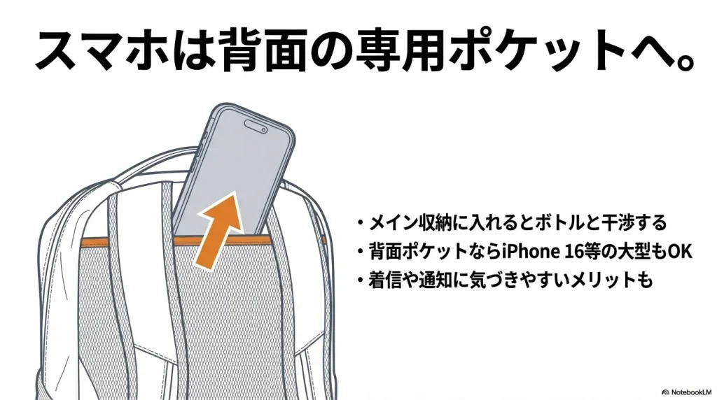 バッグ背面の専用スタッシュポケットに大型スマホを収納する図解