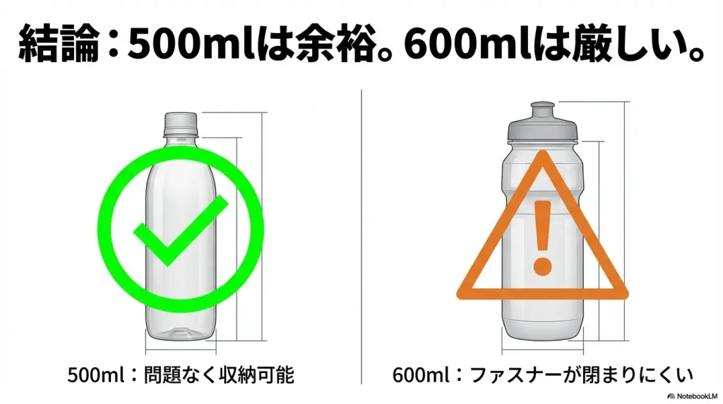 500mlはOK、600mlは注意が必要であることを示す比較イラスト