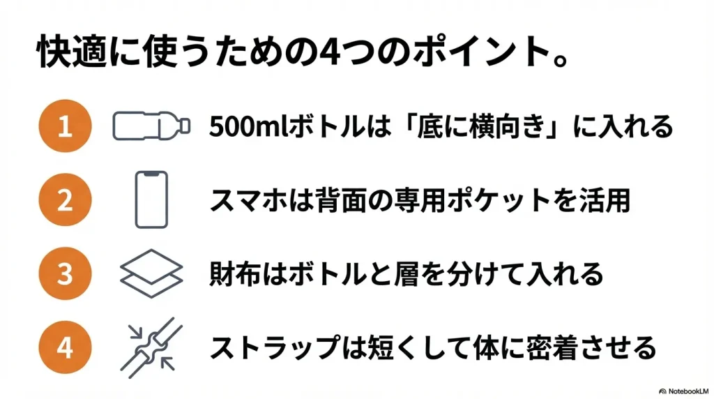 ボトルの位置、スマホポケット、配置、ストラップ密着の4大コツまとめ