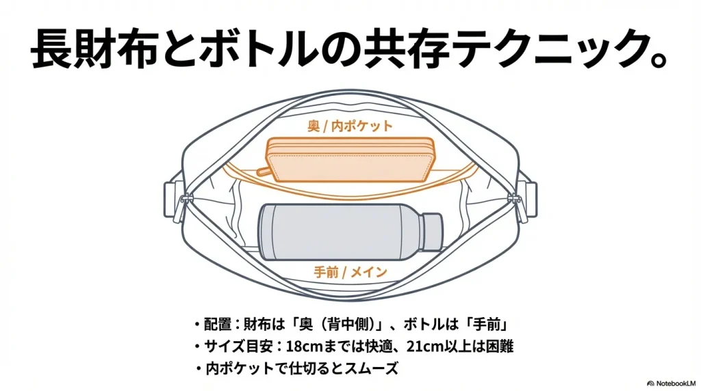 面ポケットに財布、手前にボトルを配置する二層構造の図解