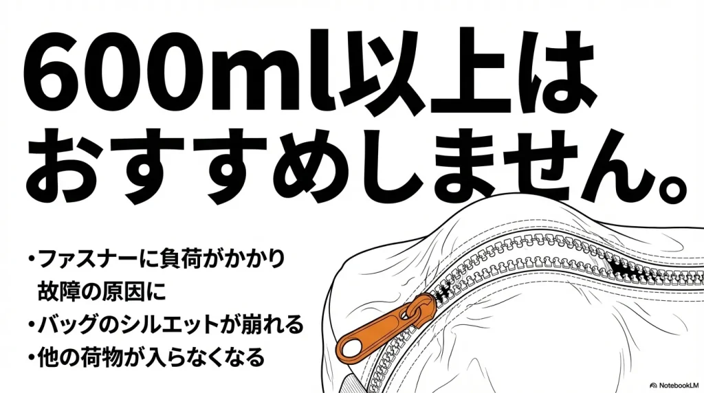 ファスナーへの負荷やシルエットの崩れを説明する注意書き画像