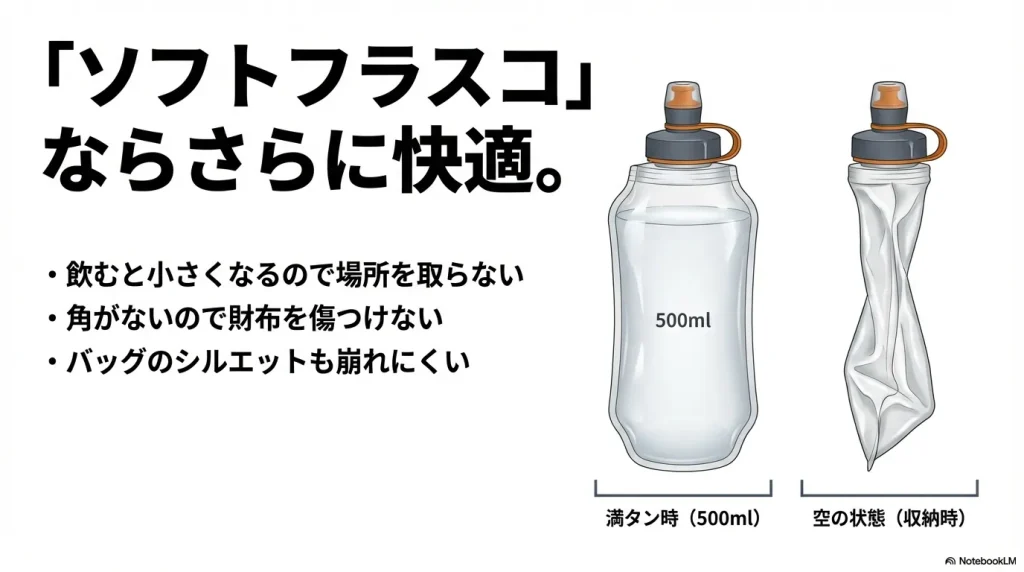 飲んだ後にしぼんでコンパクトになるソフトフラスコのメリット説明