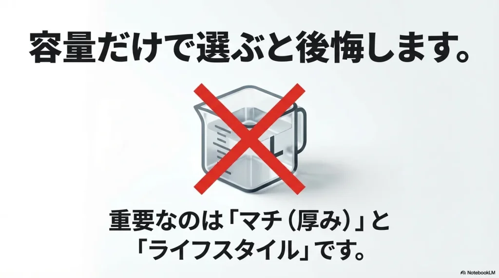 バックパック選びにおいて容量（L）だけでなく、マチ（厚み）とライフスタイルが重要であることを示す図解スライド。