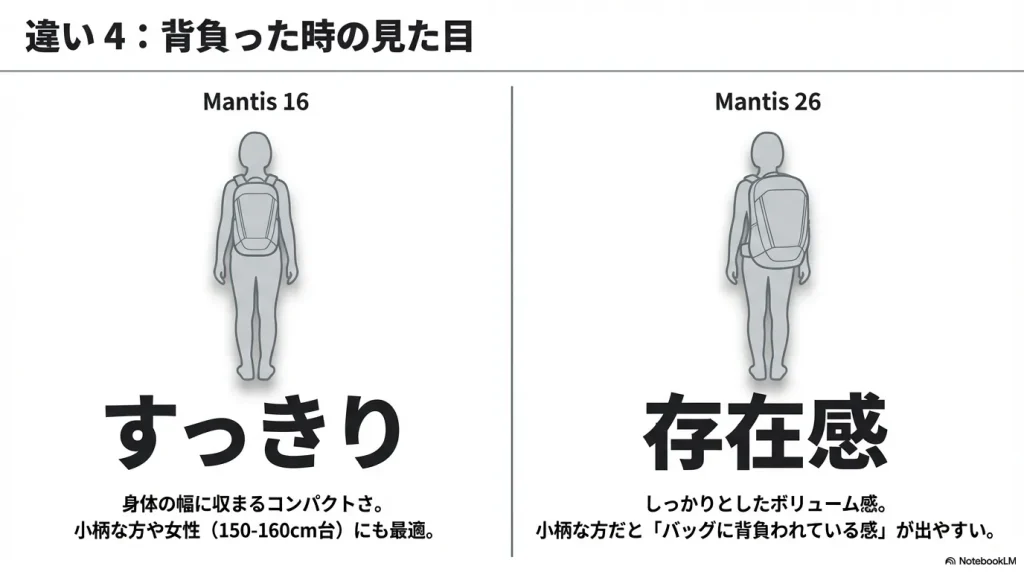 小柄な人でもすっきり見える16Lと、ボリューム感と存在感のある26Lの背面シルエットの差を比較したスライド。