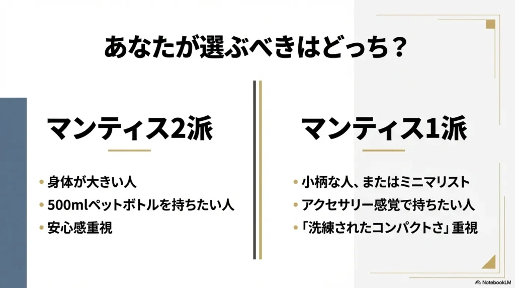 マンティス2派（大柄な人、ペットボトル所持）とマンティス1派（小柄な人、ミニマリスト）の選び方の基準をまとめたリスト
