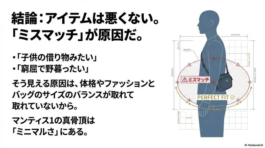 体格とバッグのサイズのバランスが取れていない「ミスマッチ」な状態と、バランスが取れた「パーフェクトフィット」な状態を比較したイラスト