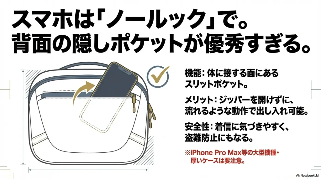 マンティス1背面のスマートフォン専用スリットポケットの機能と、ジッパーを開けずに流れるように出し入れできるメリットの解説