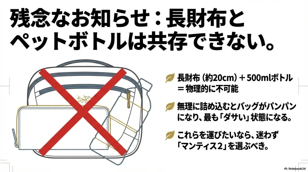 長財布（約20cm）と500mlペットボトルは物理的に共存不可能で、無理に詰め込むとシルエットが崩れるという注意喚起