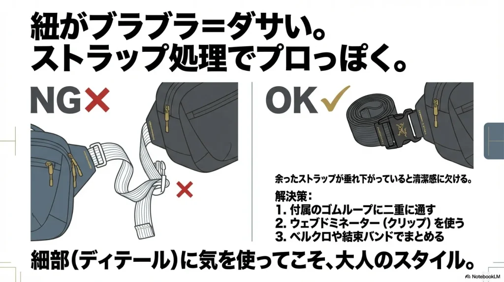 余ったストラップが垂れ下がっているNG例と、ゴムループやクリップでスッキリまとめたOK例の比較画像