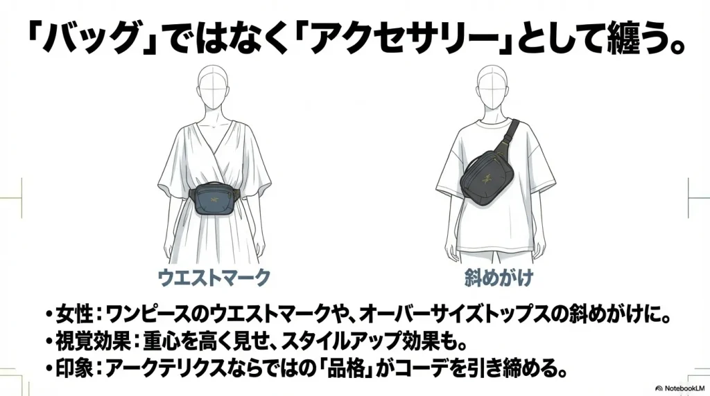 女性がワンピースのウエストマークや、オーバーサイズトップスの斜めがけとしてマンティス1を取り入れたスタイリング案