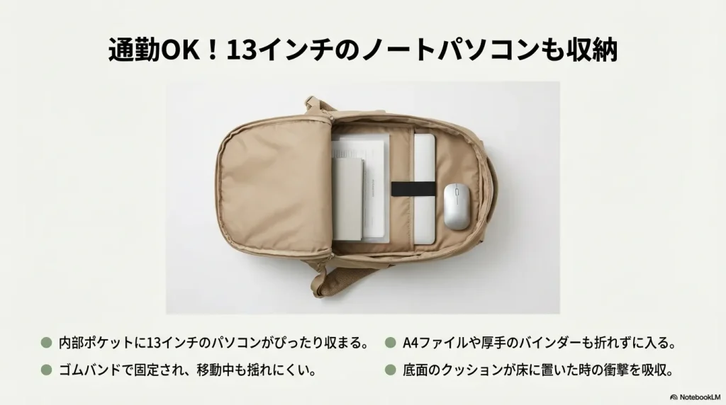 マンティス16の中に13インチのノートパソコン、A4書類、マウスなどが整然と収納されている様子。