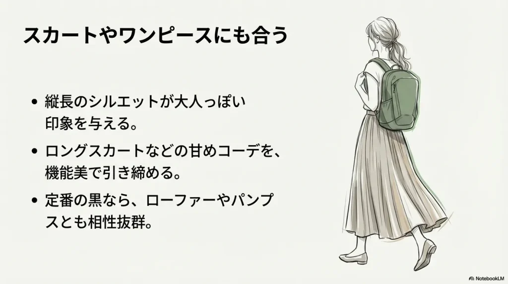 ロングスカートにマンティス16を背負った女性のイラスト。縦長シルエットが甘めコーデを引き締める様子を表現。