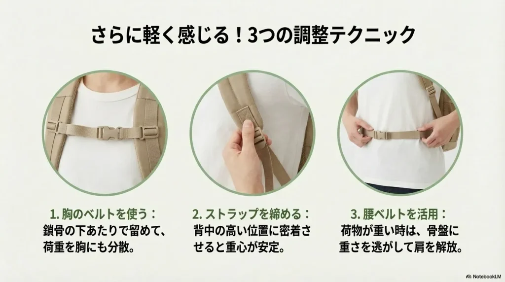チェストベルトの使用、ストラップの締め方、腰ベルトの活用の3つのポイントを写真で解説。