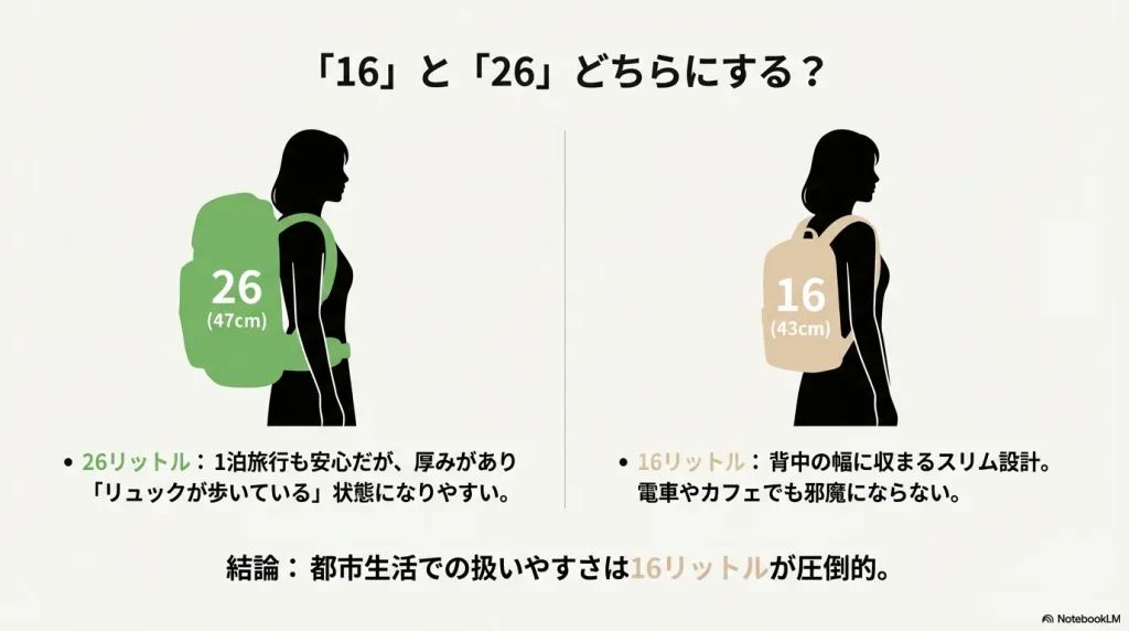 女性のシルエットに16リットル(高さ43cm)と26リットル(高さ47cm)のリュックを重ね、背負った時のサイズ感の違いを比較した図。