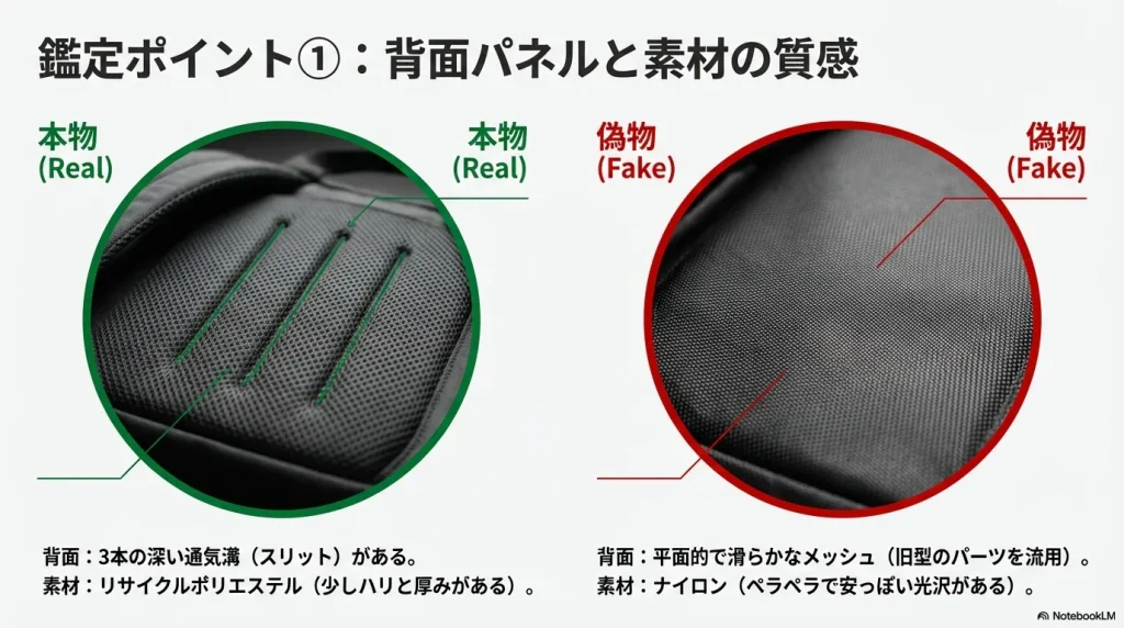 本物のマンティス2は背面に3本の通気溝がありリサイクルポリエステル素材。偽物は背面が平らでナイロン素材を使用している比較画像。