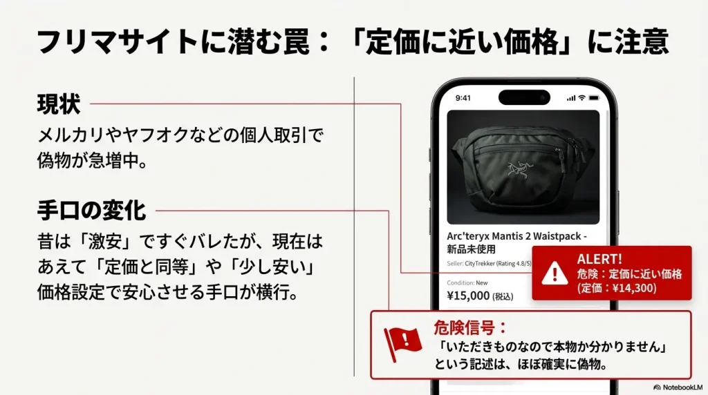 偽物のマンティス2は定価に近い価格で出品され、安心感を偽装する手口が増加中。City Trekkerなどの架空のセラー例。