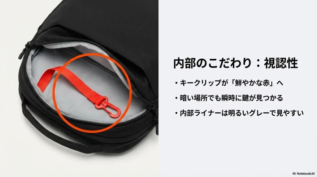暗い場所でも鍵を見つけやすい鮮やかな赤色のキークリップと、中身が見やすい明るいグレーの裏地の解説。